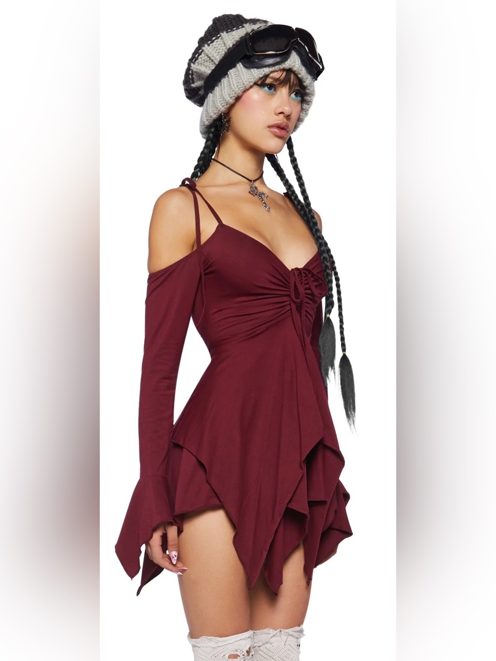 Current Mood Burgundy Off-Shoulder Long Sleeve Dress